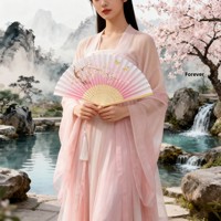 Kipas Senyum Dua Warna Biru Gaya Cina Vintage dari Kain Sutra dan Bambu, Aksesoris Pengiring Pengantin, Pernikahan, Hotel, Hanfu, Cheongsam, Grosir