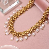Ensemble collier et bracelet en acier inoxydable avec pendentif perle et chaîne dorée - Bijoux de clavicule vintage tendance, best-seller