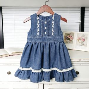 embroidered denim overall dress Vintage Denim Overall Dress with Embroidered Appliqué 18M – Good Mood Kids main image 1