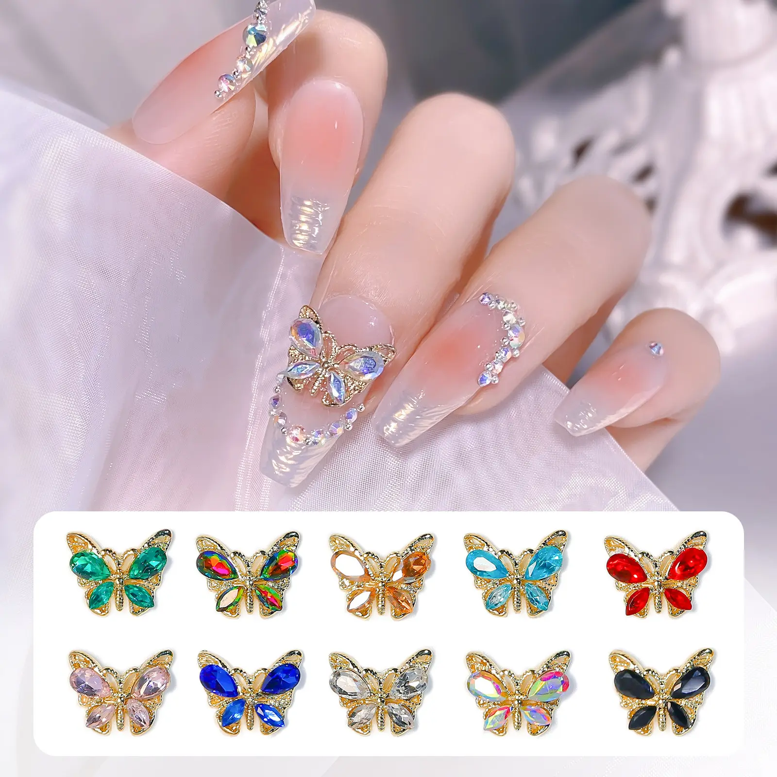 Neues Produkt 3D Schmetterling Schmuck Kristall nägel Kunst Strass Super Glitter Nagel dekoration für Nail Art Stickers Decals