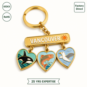 NOUVEAU Porte-clés mousqueton vintage <span class=keywords><strong>en</strong></span> métal plaqué or avec breloques Orca, Saumon, Mouette, certifié SEDEX, personnalisé Canada Vancouver - Product Image 1