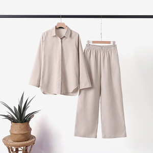 Ensemble décontracté pour femmes en lin et coton avec logo personnalisé, <span class=keywords><strong>taille</strong></span> <span class=keywords><strong>5XL</strong></span>, chemisier et pantalon large, ensemble 2 pièces - Product Image 2