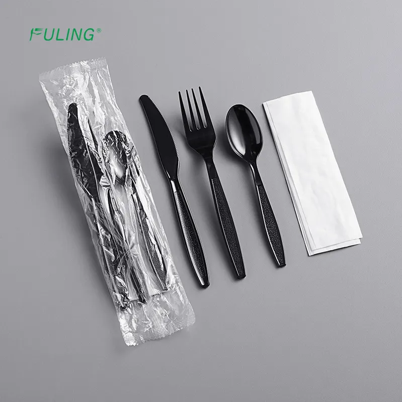 Disposable dinnerware sets custom plastic cutlery kit PS black fork and spoon knife
