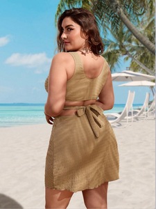 Maillot de bain 3 pièces tricoté pour femme, col licou, avec jupe de plage à cordon de serrage, texture texturée – Grande Vente - Product Image 3