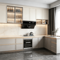Gabinetes de Cocina Modulares Personalizados Directo de Fábrica, Color Crema, Panel Elevado, Forma de L, Gabinetes Superiores Blancos, Cuarzo Gris Ecológico