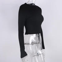 T-shirt court côtelé noir décontracté à col rond et manches longues pour femme, style coréen, écologique, sexy, coupe ajustée, automne