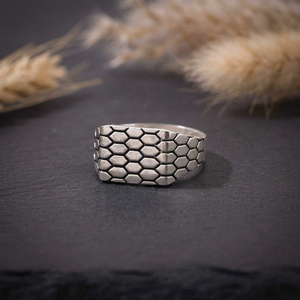 925 Sterling <b>Silver</b> Honeycomb Pattern <b>Ring</b> Vintage Oxidized Scale Textured Signet Band Unique Geometric Biker <b>Ring</b> for <b>Men</b> - Product Image 1