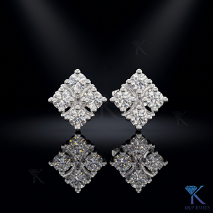 Lab Grown Diamond Luxury Ornate Rhombus <b>Stud</b> Earrings 4 Stone Cluster 18K Solid Gold Women's Jewelry Wedding Party Bridal - Product Image 2