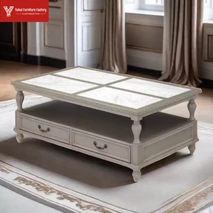 Table basse de style américain de luxe, table basse en bois massif avec tiroirs en ardoise blanche, table d'angle de rangement pour le salon - Product Image 1
