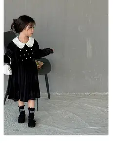 2023 गिरावट सर्दियों शिशु लड़की मखमली पोशाक टोडलर बच्चों फर फ्लेक्स कपड़े ठोस काले राजकुमारी कपड़े ठोस काले 886l
