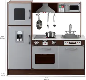 Nouveau jouet de cuisine en bois droit pour enfants avec cuisinière, four, réfrigérateur et accessoires, expresso/gris