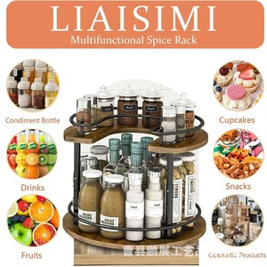 Iron And Wood Storage <b>Rack</b> 2 Tier 360 <b>Rotating</b> Kitchen <b>Spice</b> Organizer For Condiments And Snacks - Product Image 3