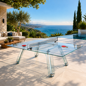Vente directe d'usine, <span class=keywords><strong>table</strong></span> de <span class=keywords><strong>ping</strong></span>-<span class=keywords><strong>pong</strong></span> en verre d'extérieur de style moderne, <span class=keywords><strong>table</strong></span> de tennis de <span class=keywords><strong>table</strong></span> de luxe en verre trempé transparent - Product Image 1