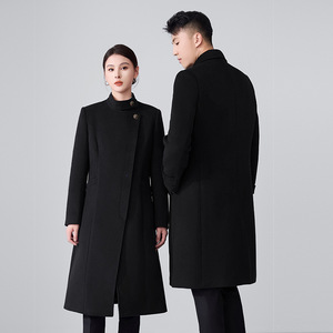 Unisex Woolen Coat Solid Color Double Breasted Long Overcoat For Hotel Office Work Uniform Autumn Winter Wear - Product Image 3