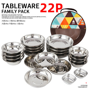 Ensemble de vaisselle portable en acier inoxydable de 22 pièces pour le camping et l'extérieur, avec bols, assiettes et couvercles - Product Image 4