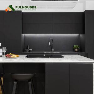 Gabinetes de cocina negros lacados Gabinetes de cocina negros <span class=keywords><strong>Lauren</strong></span> Acabado de puerta de lujo Gabinetes de cocina negros con adornos dorados - Product Image 2