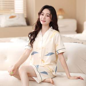Conjunto de Pijama de Manga Corta para Mujer LONGD, Elegante, Tejido CVC, Suave, Transpirable, Cintura Elástica, Holgado, Informal, para Usar Toda la Noche - Product Image 1