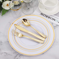 Assiettes jetables rondes élégantes en plastique blanc et noir avec bord doré et différentes tailles pour les réceptions de mariage et la restauration