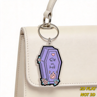 Porte-clés en acrylique 'Rot in Hell' avec cercueil violet et fleurs, breloque de sac gothique et accessoire pour porte-clés pour la mode alternative