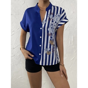 New Double Spell Color Collision Floral Button <b>Cardigan</b> Women's <b>Short</b> <b>Sleeve</b> Shirt Tops Blouse Clothing Fashion - Product Image 6