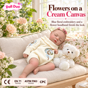 DollDuo Custom 13 inch <b>Silicone</b> <b>Reborn</b> Baby Doll Sleeping Newborn Cream Floral Outfit Hand Painted Halloween Gift for Kids - Product Image 2