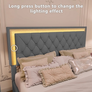 3ピースベッドルームセット、LEDライト付きクイーンサイズ布張りプラットフォームベッドと2つのナイトスタンド-グレー - Product Image 3