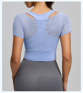 Women Mesh 2 In 1 Short Sleeve Yoga Crop Top with Built In Bra <b>Pads</b> Breathable Gym Workout Top Running Sports Pilates Shirt - Product Image 3