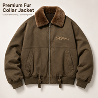 Vestes en toile vintage personnalisées pour hommes, col en fausse fourrure, fermeture éclair intégrale, vêtements d'extérieur d'hiver, logo brodé, streetwear, manteau chaud et épais