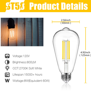 Juego de 6 Bombillas LED ST58 ST19 de 8W, E26, Color Ámbar Blanco Cálido, Regulables, Estilo Vintage, Carcasa de Lámpara Antigua - Product Image 6