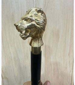 Canne de marche télescopique victorienne antique à deux sections, avec tête de lion en laiton peinte et poignée plaquée or, bâton en bois réglable - Product Image 2