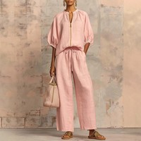 Ensemble pantalon deux pièces tendance été 2026 pour femme, grande taille, streetwear, haut uni à fermeture éclair à manches courtes et pantalon palazzo, vente en gros