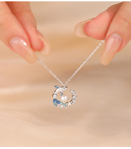 S925 <b>Sterling</b> <b>Silver</b> Dolphin <b>Pearl</b> Zircon <b>Necklace</b> Cold Tone Atmosphere Niche Exquisite Ladies Temperament Clavicle Chain - Product Image 3
