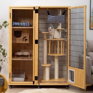 <b>Cat</b> Villa Solid Wood <b>Cat</b> Cage Extra Large Indoor Multifunctional Pet Home Three Four Layer With Litter <b>Box</b> And Hammock - Product Image 3