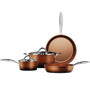 Ensemble de casseroles et poêles de haute qualité en acier inoxydable avec poignées en cuivre, 6 pièces, revêtement céramique antiadhésif, forgé à la main - Product Image 1