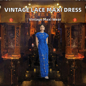 Robe longue en dentelle florale bleue, col en V profond, robe de soirée vintage, avec sous-vêtements intégrés - Product Image 2