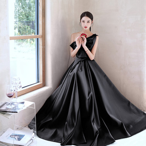 European American Style Black Evening Dress One Shoulder Long Skirt Satin Elegant Wedding Banquet Dress - Product Image 2