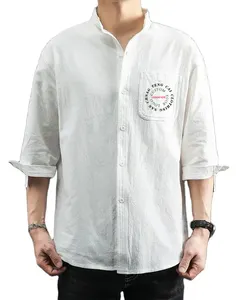 Teng Cai Primavera Hombre Algodón Lino Camisas casuales Sueltas Manga larga Sólido Cuello alto Camisa de lino de algodón Hombres