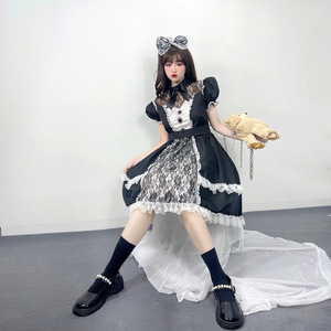 Disfraz de Cosplay Lolita, vestido de sirvienta negro con diadema con lazo, disfraz de mujer, detalles elegantes de encaje - Product Image 2