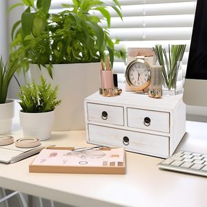 Small White <strong>Wooden</strong> Desk <strong>Storage</strong> <strong>Box</strong> 3 Wire Drawers Single Tier Rectangle Multifunction Lacquered Organization Home Office - Product Image 4