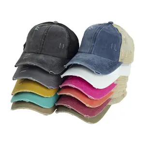 Women Print Demin Washed Distressed Dad Cap Trucker Hat Cotton CrissCross Ponytail Baseball Sports Caps