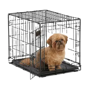 Folding Metal Dog Cage with 2 Doors Chew Resistant Plastic Base Carrier Handle Pet Crates Perfect for Puppy Training Black