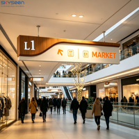Boîte lumineuse LED personnalisée double face suspendue en acrylique et métal pour signalétique publicitaire et de direction pour aéroports, centres commerciaux et bâtiments