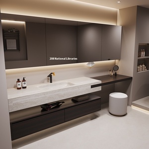 Hiện đại tối giản sang trọng tủ phòng tắm bằng gỗ rắn với Bộ Gương thông minh, tích hợp với mặt bàn đá granit và bồn rửa. - Product Image 3