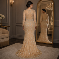 Robe de soirée formelle sirène en tulle nude à manches longues, ornée de perles et de strass en cristal, grande taille
