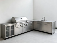 Meja Samping dengan Baki Lemak yang Dapat Dilepas, Perlengkapan Dapur Modern, BBQ Kingdom 4 Gas Grill, Pelat Masak Besi Cor Stainless Steel, Kabinet Pembakar