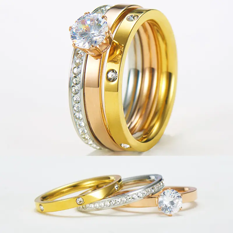 3 pcs/set haute qualité 18k plaqué or acier inoxydable bague de mariage ensemble bijoux luxe zircon pierre anneau pour femmes et hommes