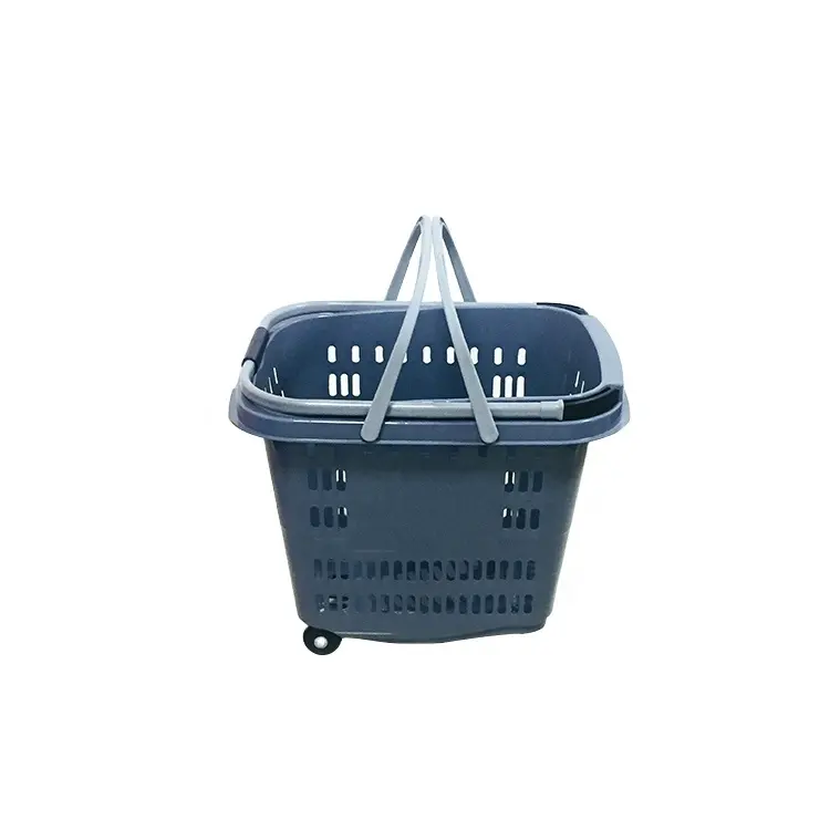 plastic rolling basket with wheels, 50L Wholesale supermarket plastic large rolling shopping basket with 4 wheels
