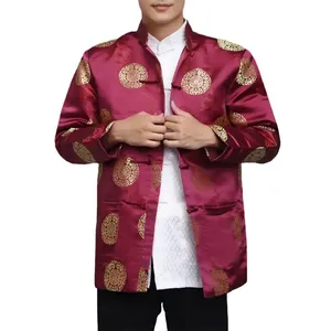 <strong>Men</strong> Tang Suit <strong>Jacket</strong> Chinese Style Stand Collar Shirt Red Single Breasted Printed <strong>Festive</strong> Long Sleeve New Year <strong>Jacket</strong> - Product Image 3