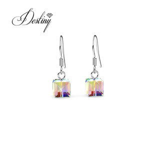 Daisini Sterling Silver 925 Tôn tạo với <span class=keywords><strong>Swarovski</strong></span> tinh thể đầy màu sắc AB đồ trang sức tối giản dangle Drop <span class=keywords><strong>Cube</strong></span> Bông tai - Product Image 5