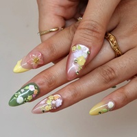 Faux ongles à presser en acrylique, forme amande, French manucure, avec fleurs 3D en strass et estampage doré, finition brillante/mate, personnalisables pour fêtes et vacances